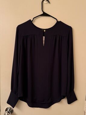 Ann Taylor Navy Long-Sleeve Keyhole Blouse with Gold Button Size XS